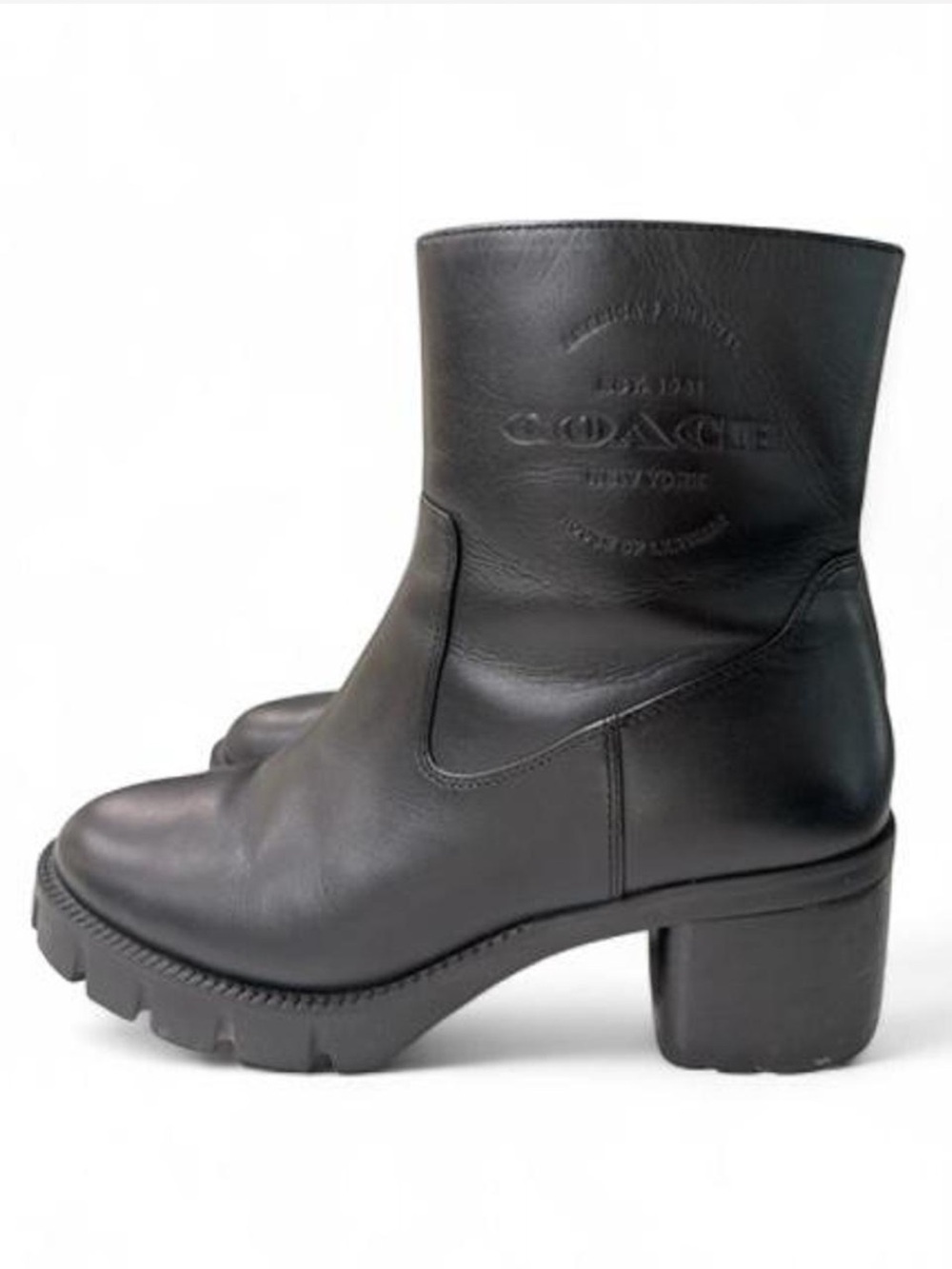 Coach Corinna Bootie, smooth black leather, embossed logo on the side.